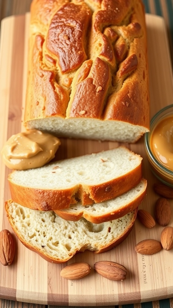 Gluten-Free Almond Flour Bread Recipe Sliced gluten-free almond flour bread on a cutting board with almond butter and almonds.